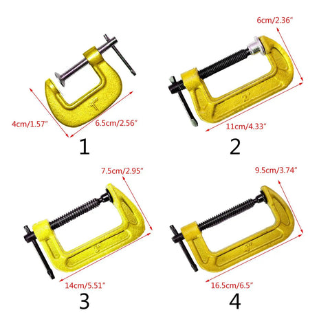 C Shaped Clamp For Woodworking Quick And Easy Clamping Solution For Various Materials in four sizes shown from top view