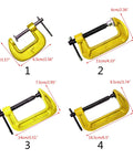 Four sizes of yellow C Shaped Woodworking Clamp For Quick Easy Clamping On Various Materials Heavy Duty Steel Carpenter Tool With Rust Resistant Build And Deep Thread Grip Ideal For Pros And DIY Hobbyists.