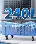 Portable Evaporative Air Cooler With Large Gallon Tank And 120 Degree Oscillation 3 In 1 Swamp Cooling Fan showing 240L water tank with caster wheels.