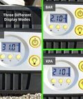 Slick And Dead Simple 12 Volt Portable Tire Inflator With Auto Shut Off And High Precision Digital Gauge displaying PSI, Bar, and KPA readings.
