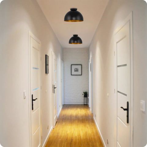 14-Inch Modern Industrial Flush Mount Ceiling Light In Black Finish With Crackled Gold Interior in hallway