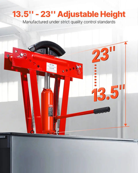 VEVOR 12 Ton Hydraulic Pipe Bender Manual Copper Tube Bending Machine With Six Dies for 13.5" to 23" height adjustment.