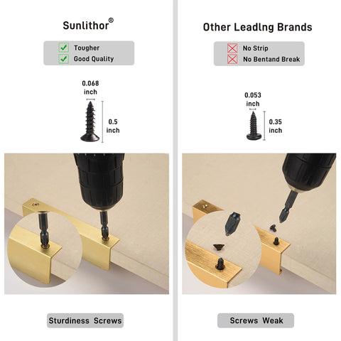 Comparison of Sunlithor screws and other brands with Edge Finger Pulls For Cabinets And Concealed Drawers, Aluminum Long Handle Hardware In Brushed Brass Finish