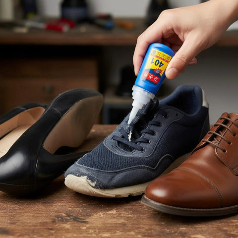 Application of Two Pack 401 Super Glue For Nails Shoes Metal And Plastic Repair High Viscosity Fast Bonding Liquid Adhesive 20ml Each on a sneaker