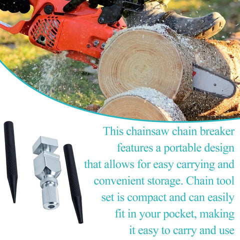 Pocket Chainsaw Chain Breaker Tool Kit For Quick Rivet Removal Link Punch Drill And Joiner with durable steel parts shown next to cut logs