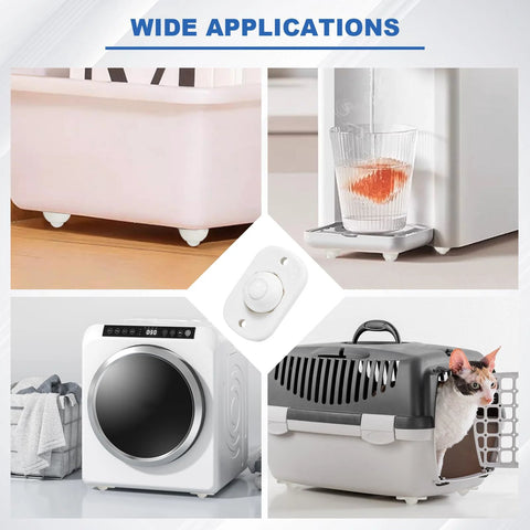 Wide applications of self adhesive mini caster wheels for kitchen appliances, showing use with small cabinets and containers