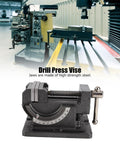 Rock Solid Heavy Duty 3 Inch Drill Press Vise With Cast Iron Frame And Hardened Steel Jaws Designed For Zero Slip Clamp Action Quick Tilt Setup And Rust Proof Coating. Heavy-duty drill press vise with adjustable jaws.