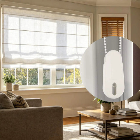 Universal Window Blinds Cord Tensioner Kit For Smooth Pulls And Tight Safety Grip Includes Durable Rubber Pad And Mounting Screws For Zero Hassle Wall Install Today with a close-up of the tensioner in a modern living room.