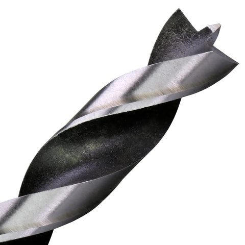 Close-up of a chrome-vanadium drill bit tip from Pro Grade Brad Point Drill Bit Set With Chrome Vanadium Bits 29 Piece Imperial Range From One Sixteenth To One Half Inch Packaged In Durable Plastic Case For Easy Storage And Diy Projects And Woodworking, showing spiral flutes and brad point design for clean drilling through wood and acrylic surfaces.