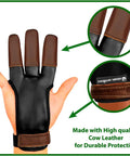 Three Finger Archery Glove Leather Tab All Day Comfort Heavy Duty For Recurve And Longbows Durable Finger Protector shown in faux leather with cow leather tabs and Velcro strap.