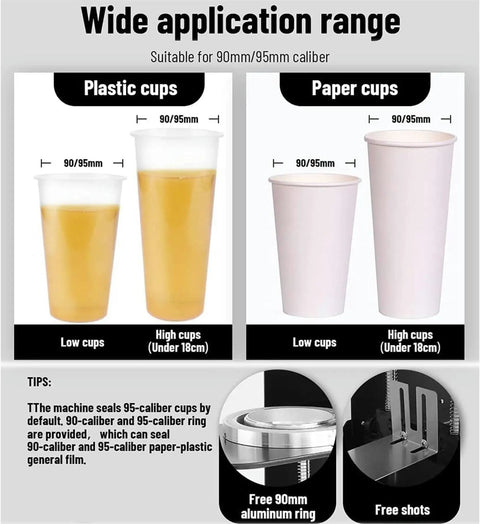 Wide application range displaying plastic and paper cups suitable for 90/95mm with the Hassle Free Commercial Cup Sealer Machine With Smart Heat Preservation Tech.