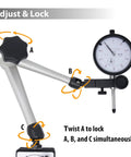 Front view of Clockwise Tools dial indicator with magnetic base stand; silver arm, black knobs, 0–1 inch range.