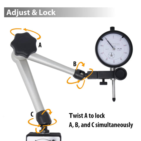 Front view of Clockwise Tools dial indicator with magnetic base stand; silver arm, black knobs, 0–1 inch range.