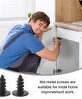 Man fixing kitchen cabinet using One Hundred Pack M4x10mm Black Carbon Steel Miniature Wood Screws Top Shelf Furniture Fasteners.