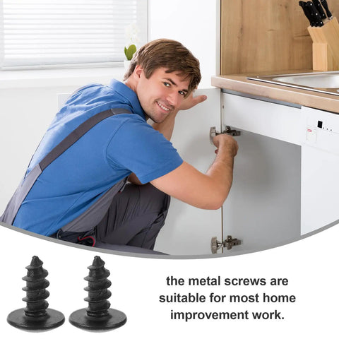 Man fixing kitchen cabinet using One Hundred Pack M4x10mm Black Carbon Steel Miniature Wood Screws Top Shelf Furniture Fasteners.