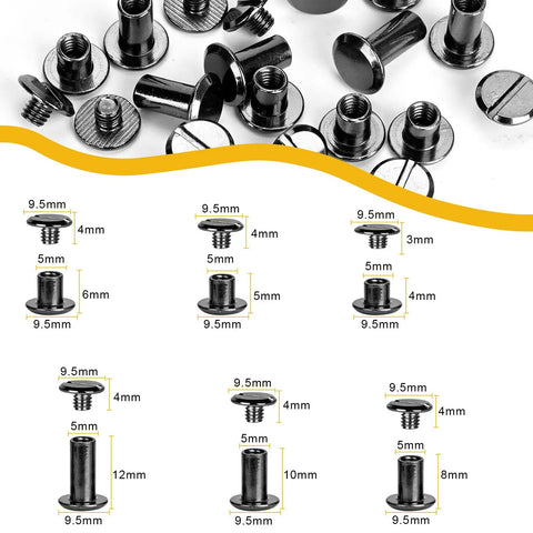 120 Sets Chicago Screws Kit Gun Metal Binding Screws And Rivets For Leather Craft with measurements shown.