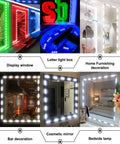 LED Window Lights For Storefront Advertising 12V 5050 RGB LED Modules 50ft used in various settings like display windows and mirrors.
