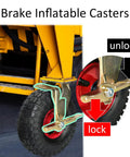 Heavy Duty 10 Inch Pneumatic Swivel Casters 4 Pack close-up of locking brake mechanism on air-filled industrial wheel.