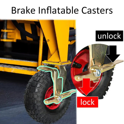 Heavy Duty 10 Inch Pneumatic Swivel Casters 4 Pack close-up of locking brake mechanism on air-filled industrial wheel.