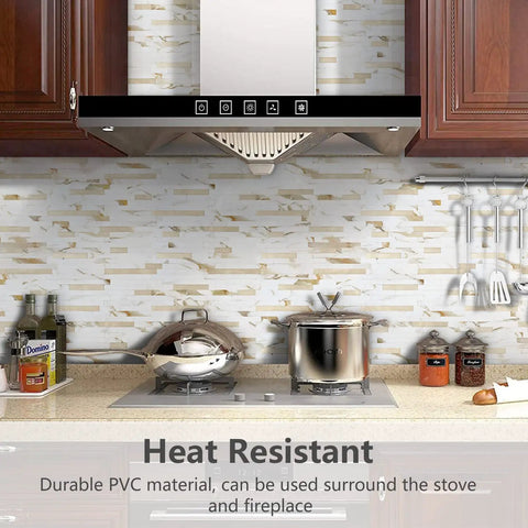 Peel And Stick Backsplash Tiles Marble Calacatta With Metal Gold Finish, 10 Self Adhesive PVC Sheets Cover About Eight Point Four Square Feet, Fast Install For Kitchen Bathroom Laundry Room Fireplace And RV, Realistic Texture And DIY Ready showing behind a kitchen stove and utensils.