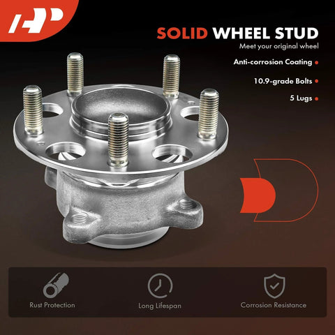 Close-up of Two Pack Rear Wheel Bearing And Hub Assembly With Five Lug For Honda Accord 2013 2014 2015 2018 2019 2020 2021 2022 2023 And Acura TLX 2015 2016 2017 2018 2019 2020 FWD, featuring anti-corrosion coating and 10.9-grade bolts