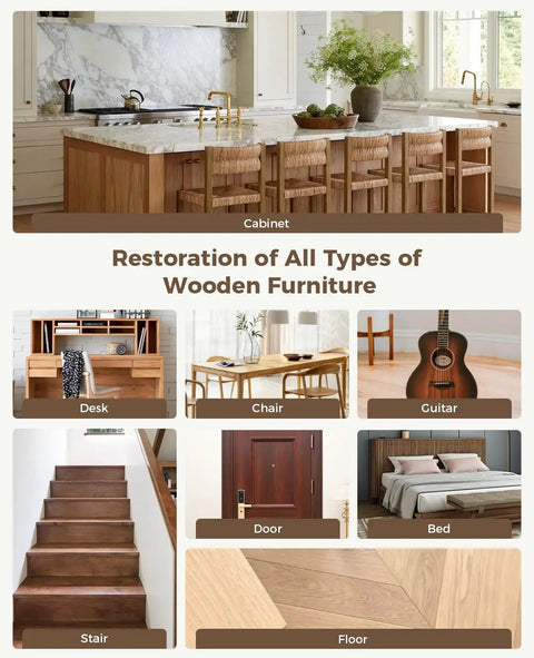 No Sweat Touch Up Kit For Scratches Cracks Dents Stains On Laminate Vinyl Hardwood Floors Or Wooden Furniture displayed with various furniture types.