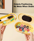 Interior view of Grab And Go Travel Sewing Kit With Round Case Emergency Repair Gear With Needles Thread Scissors