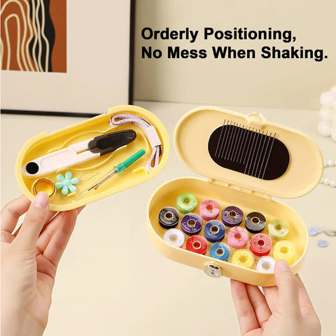 Interior view of Grab And Go Travel Sewing Kit With Round Case Emergency Repair Gear With Needles Thread Scissors