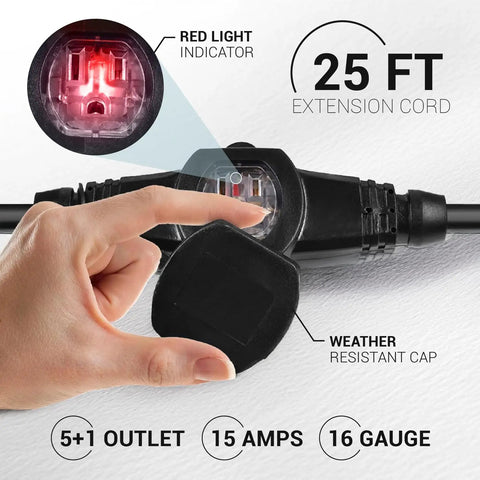Super Versatile Heavy Duty 25 Ft Extension Cord Featuring 6 Multiple Outlets 16 Gauge 15 Amp 3 Prong Outdoor Indoor Power Cable