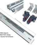 4 Pair 15 Inch Undermount Soft Close Drawer Slides With Full Extension Concealed Bottom Mount Built Heavy Duty With A 100 Lb Rock Solid Hold Featuring Rear Brackets 3D Lock Adjuster And Drop Dead Easy Install For Slick Daily Operation, metal slides and brackets visible.