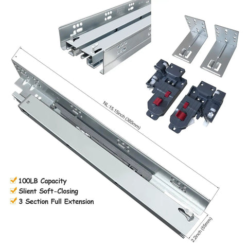 4 Pair 15 Inch Undermount Soft Close Drawer Slides With Full Extension Concealed Bottom Mount Built Heavy Duty With A 100 Lb Rock Solid Hold Featuring Rear Brackets 3D Lock Adjuster And Drop Dead Easy Install For Slick Daily Operation, metal slides and brackets visible.
