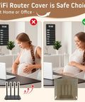 Otoolling large WiFi router cover: two-panel demo showing open router vs installed Faraday cage on desk