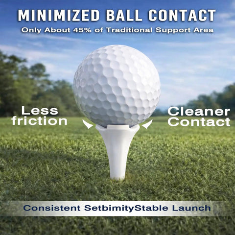 Golf ball on a four-prong tee from Two Size Golf Tees Pack 115 Count For Every Club With Three And A Quarter Inch And One And A Half Inch Tees Featuring Four Prong Low Resistance Design Oversized Heads Three Line Height Markings And Durable White Plastic Tees For Drivers Irons Hybrids
