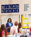 Classroom scene with Its Low Key Sus When U Dont Show Ur Work Tin Sign above whiteboard, students and teacher present.