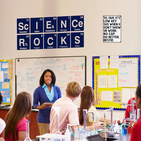 Classroom scene with Its Low Key Sus When U Dont Show Ur Work Tin Sign above whiteboard, students and teacher present.