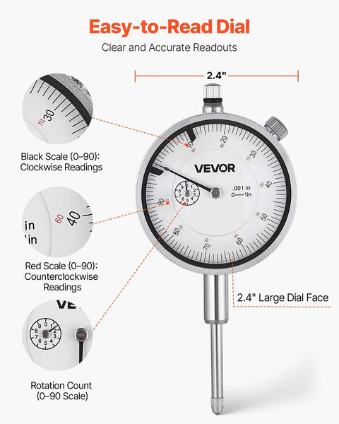 Dial Test Indicator With 360 Degree Flexible Arm And Locking Pliers, showcasing 2.4 inch dial face for easy-to-read measurements.