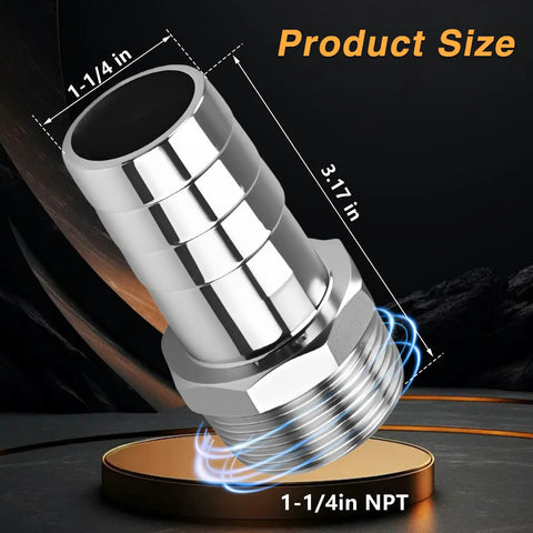 Two Pack Stainless Steel 1-1/4 Inch NPT Male Hose Barb Fittings Connector dimensions