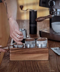 Solid Wooden Coffee Knock Box With Embedded Silicone Rod Heavy Duty Espresso Tamping Station Floor Bin For Home Baristas setup with coffee grinder.