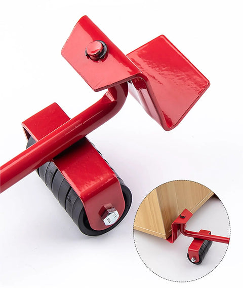 Ergonomic Furniture Lifter And Mover Tool Set With 4 Roller Pad Sliders showcasing red lifting bar with roller wheel.