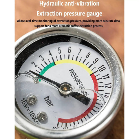 Extraction pressure gauge on Portable Manual Espresso Maker With Stainless Steel Lever And Precision Pressure Gauge For Rich Extraction Of Espresso And Latte Road Ready Build Delivers Straight Up Quality Shots And Real Deal Flavor Everyday.