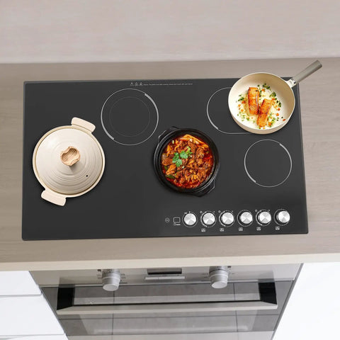 Quick Cookin' Electric Ceramic Cooktop With Five Adjustable Burners Infrared Stove Top showing pots on smooth glass surface.
