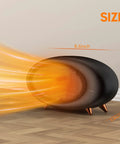 600W Desk Heater With PTC Ceramic Tech, compact black heater on floor showing heating effect and dimensions in inches