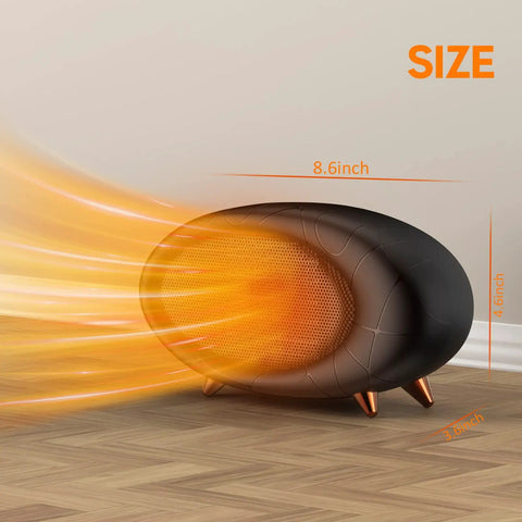 600W Desk Heater With PTC Ceramic Tech, compact black heater on floor showing heating effect and dimensions in inches