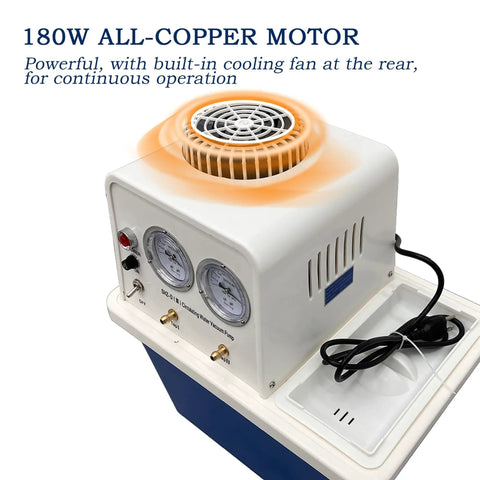 Circulating Water Vacuum Pump 110V Laboratory Vacuum Pump With Dual Gauge 15L Capacity For Vacuum Filtration And Evaporation 60 L Per Minute Flow Rate Pro Grade Lab Chemistry Gear with dual gauge and cooling fan.