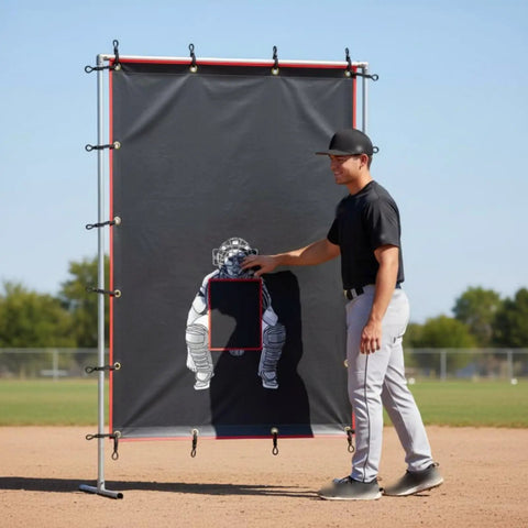 Ballpark Ready Heavy Duty Baseball Pitching Screen With Strike Zone Backdrop And Batter Silhouette For Batting Cage Drills, set up outdoors.