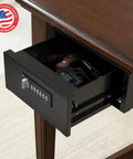 Heavy Duty Steel Under Desk Safe With Keypad Lock Featuring No Sweat Setup Hidden Slide Out Drawer showing cash and electronics hidden in drawer.