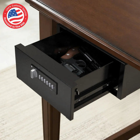 Heavy Duty Steel Under Desk Safe With Keypad Lock Featuring No Sweat Setup Hidden Slide Out Drawer showing cash and electronics hidden in drawer.