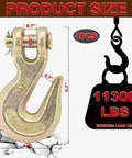Rock Solid 4 Pack Chain Hooks With Half Inch G70 Clevis Grab Design showing dimensions and weight limit of 11300 lbs.