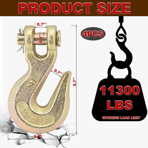 Rock Solid 4 Pack Chain Hooks With Half Inch G70 Clevis Grab Design showing dimensions and weight limit of 11300 lbs.