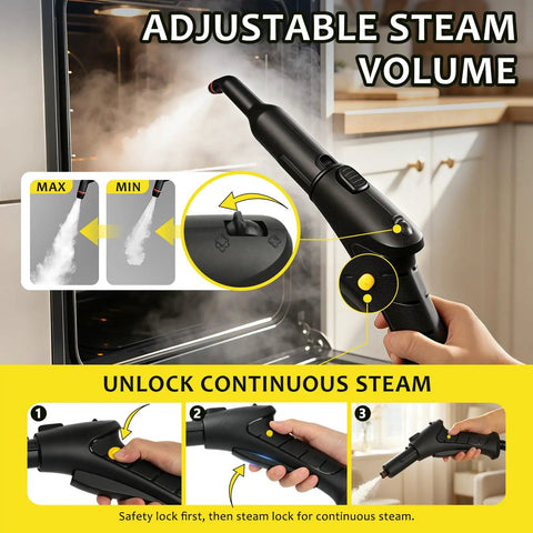 Adjustable steam volume control on the Udodik 300 Degree Steam Cleaner for Home with 21 accessories.